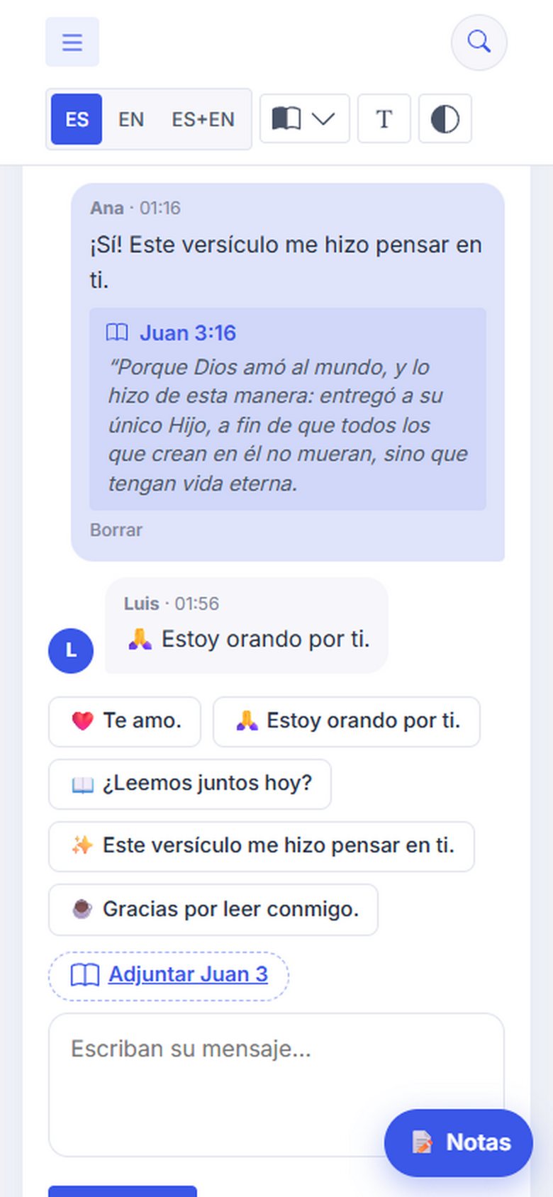 Mensajes entre la pareja, con un versículo adjunto