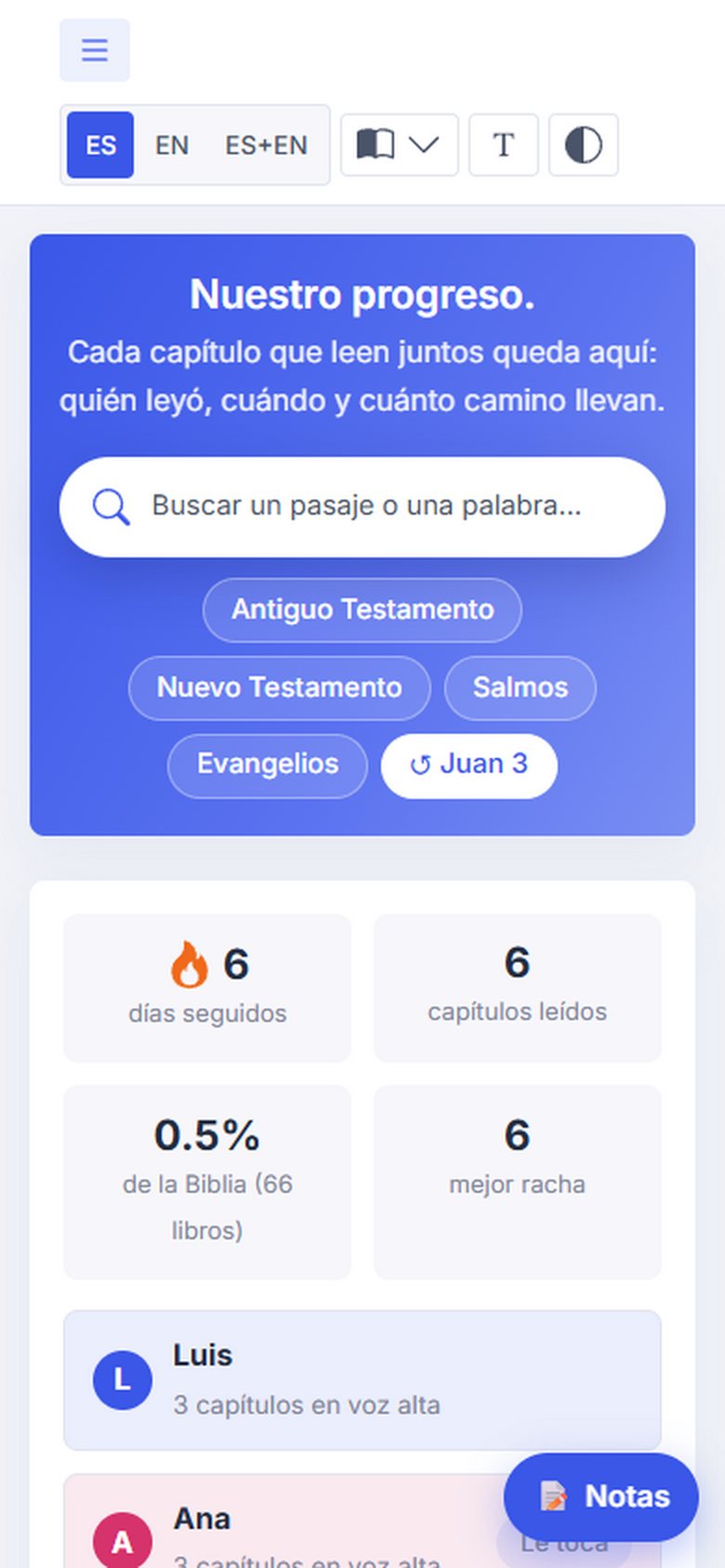 Progreso de la pareja: racha, meta semanal, calendario y mapa de la Biblia